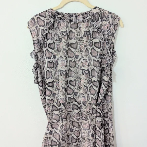 Allsaints Priya Snake Print Ruffle Pring Wrap Mini Dress Sleeveless Beige Large - Picture 4 of 11